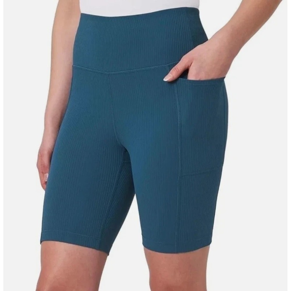 Mondetta High Rise Ribbed‎ Biker Shorts Blue Small 8" Pockets NWT Women